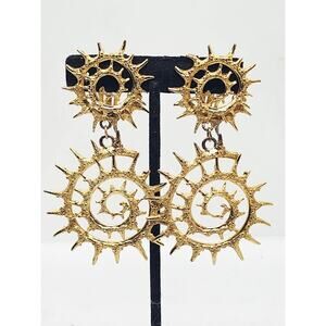 Vintage Orena Paris Sunburst Spiral Clip On Earrings Gold Tone Lomg Dangle